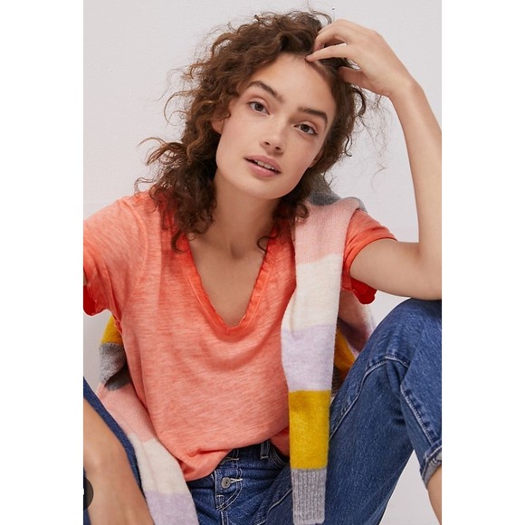 Maeve by Anthropologie Tops - Maeve Anthropologie‎ Coral Slub V-Neck T-Shirt Size Small NWT 57192577